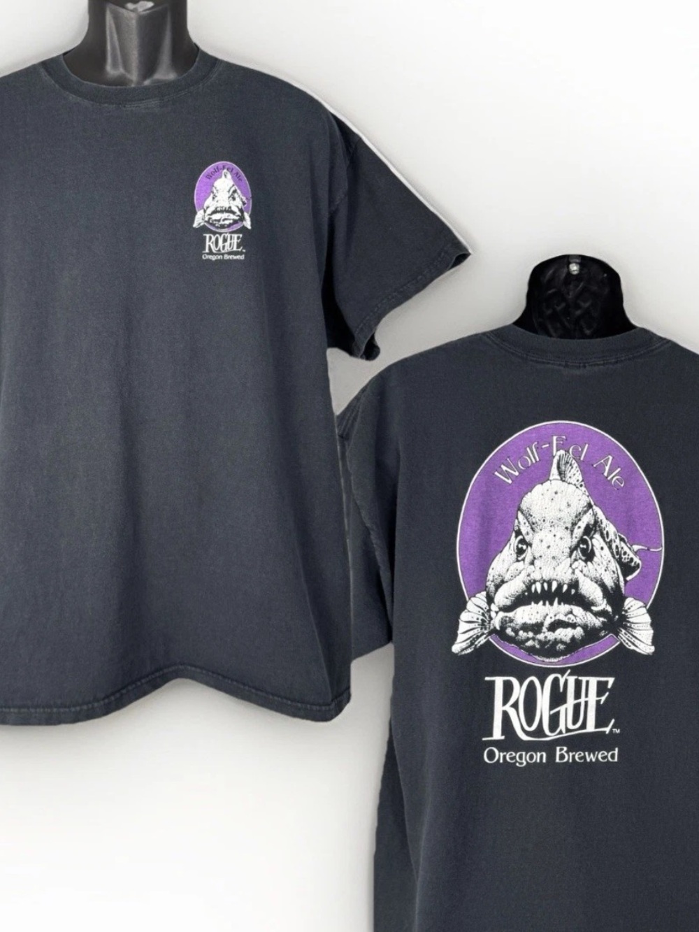 Vtg Rouge Ales Wolf-Eel Smoked Out Fade 2-Sided Men’s Graphic Tee Charcoal Sz XL